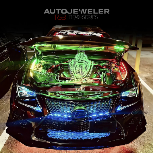 Vehicle with hood open showcasing Flow Series RGB engine bay lighting and grille lighting