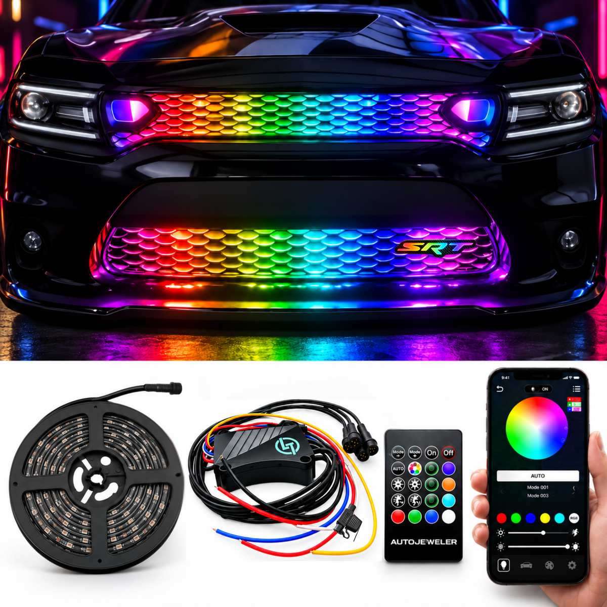 Flow Series RGB grille lighting kit hero image showing animated rainbow flow lighting installed in a truck grille, with Bluetooth Pro controller, LED strip, handheld remote, and smartphone app control.