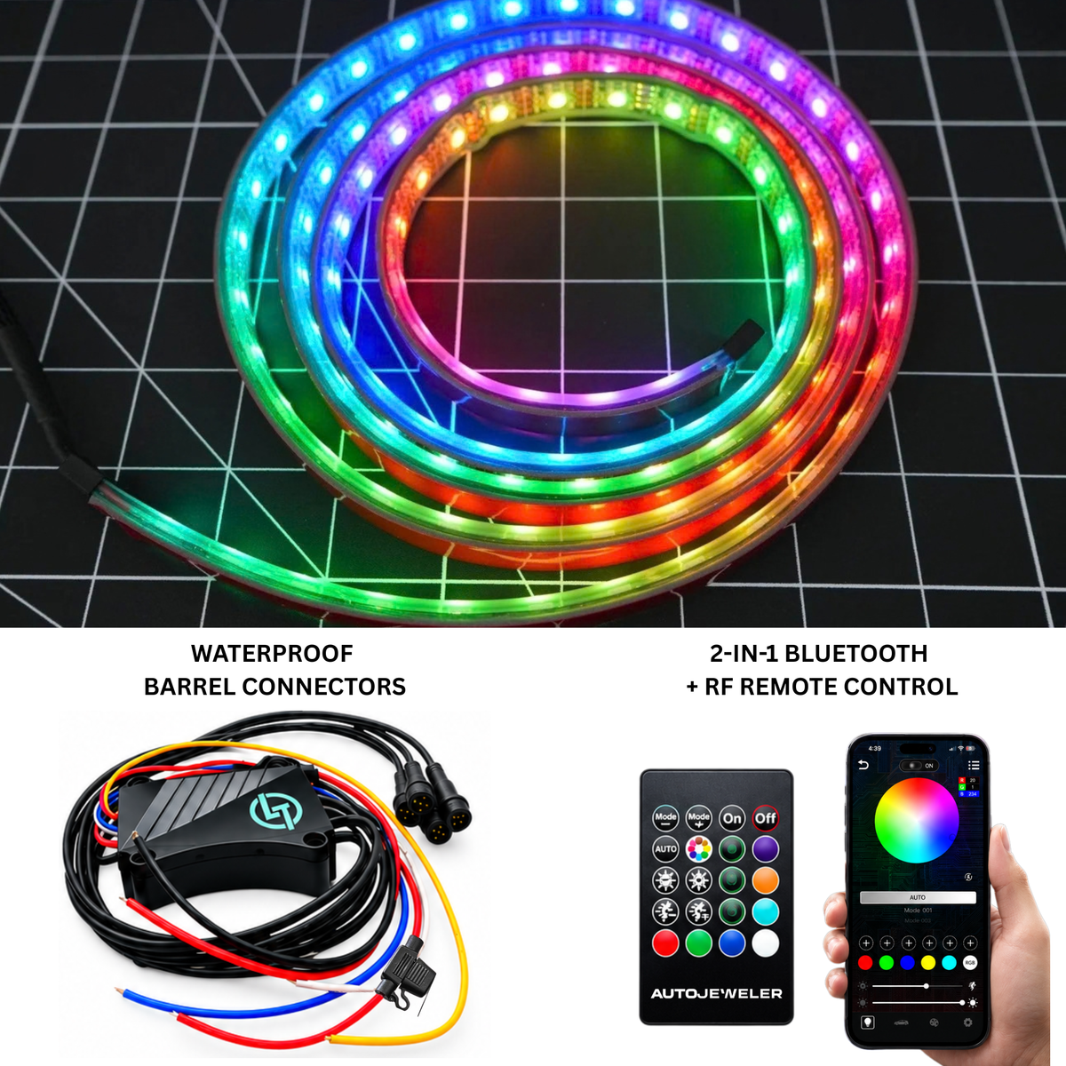 Flow Series RGB grille lighting kit with waterproof barrel connectors, 4-output controller, Bluetooth app control, and RF handheld remote.