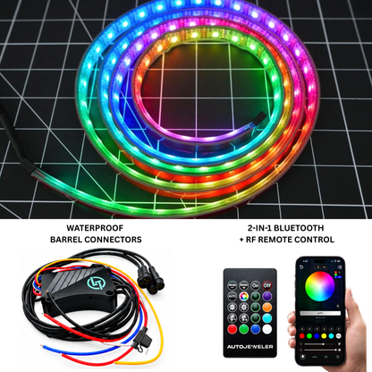Flow Series RGB grille lighting kit with waterproof barrel connectors, 4-output controller, Bluetooth app control, and RF handheld remote.