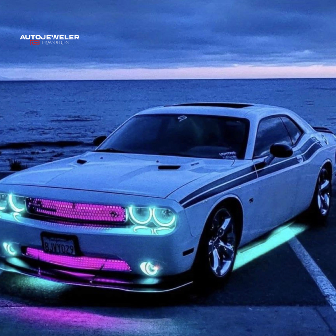 Flow Series RGB grille lighting kit installed on vehicle showing smooth rainbow color-chasing effects by AutoJeweler