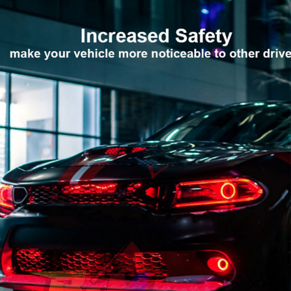 Flow Series RGB lighting improving rear vehicle visibility at night with red illumination