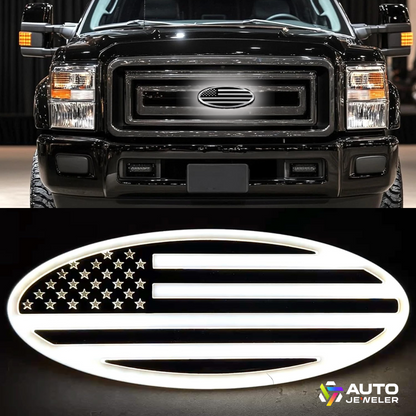 9” Chrome Oval Grille Emblem – White LED American Flag | Fits Most Ford Vehicles  Description:
