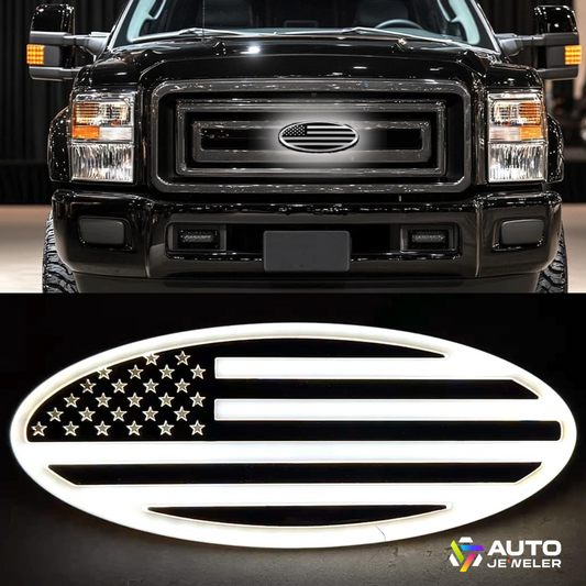 9” Chrome Oval Grille Emblem – White LED American Flag | Fits Most Ford Vehicles  Description: