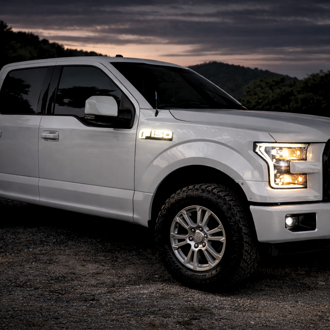 White Ford F-150 with illuminated LED fender emblem installed at dusk – AutoJeweler plug and play lighted badge upgrade