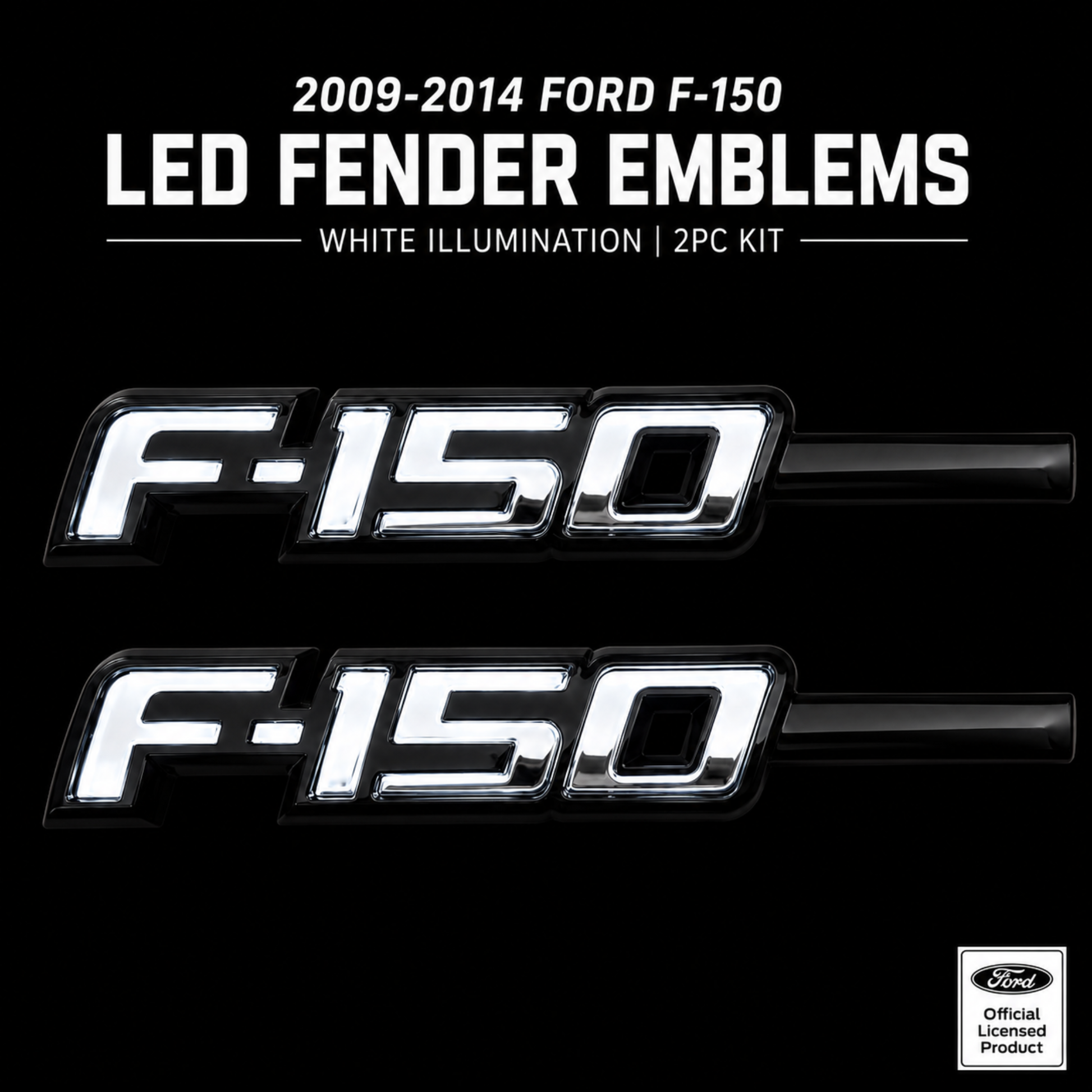 Ford F-150 LED Fender Emblems for 2009-2014 trucks featuring black and chrome finish with white LED illumination 2 piece kit officially licensed Ford product.