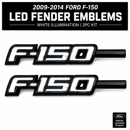 Ford F-150 LED Fender Emblems for 2009-2014 trucks in black and chrome finish with white LED illumination 2 piece kit and officially licensed Ford product badge.