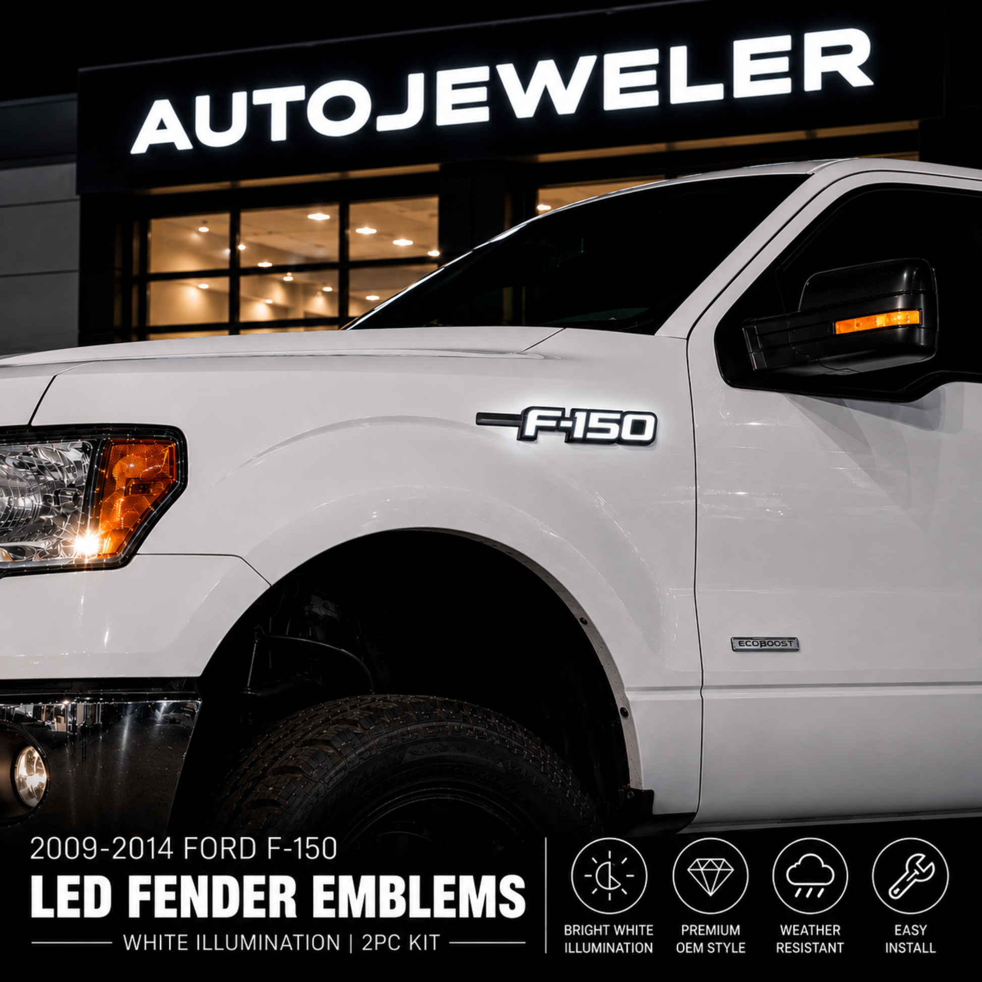 Close-up view of installed Ford F-150 LED Fender Emblem on 2009-2014 truck showing bright white illumination black and chrome finish and OEM style fitment.