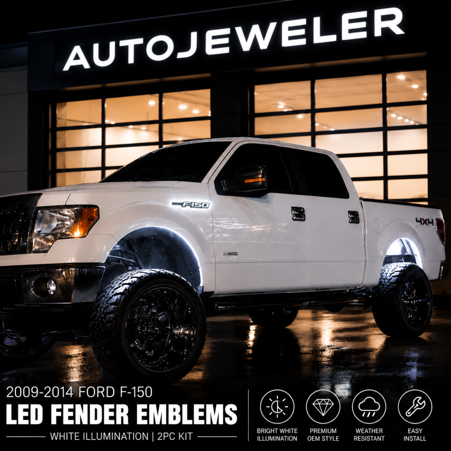2009-2014 Ford F-150 truck with illuminated LED fender emblems installed featuring bright white illumination black and chrome OEM style appearance.