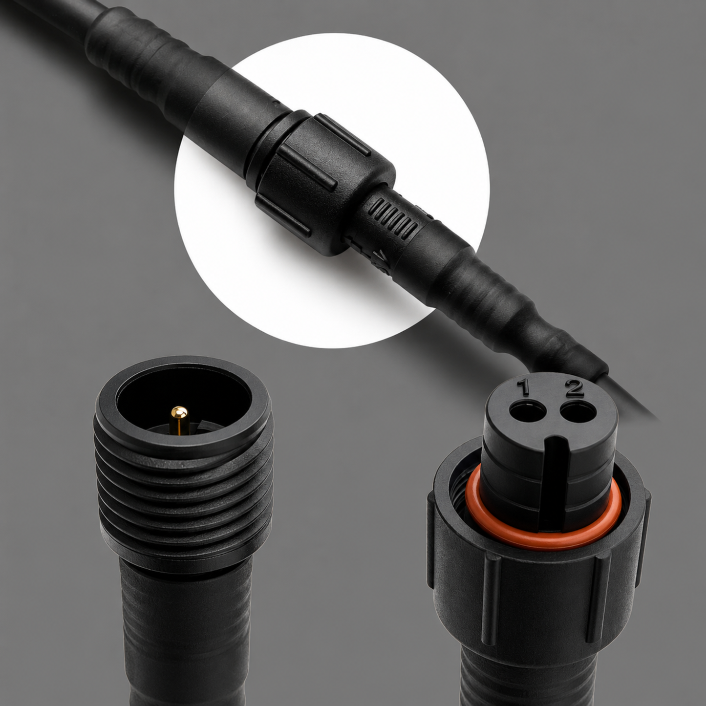 Waterproof connector detail for Ford F-150 LED Fender Emblems 2009-2014 showing plug connection and weather resistant wiring for white LED illumination.