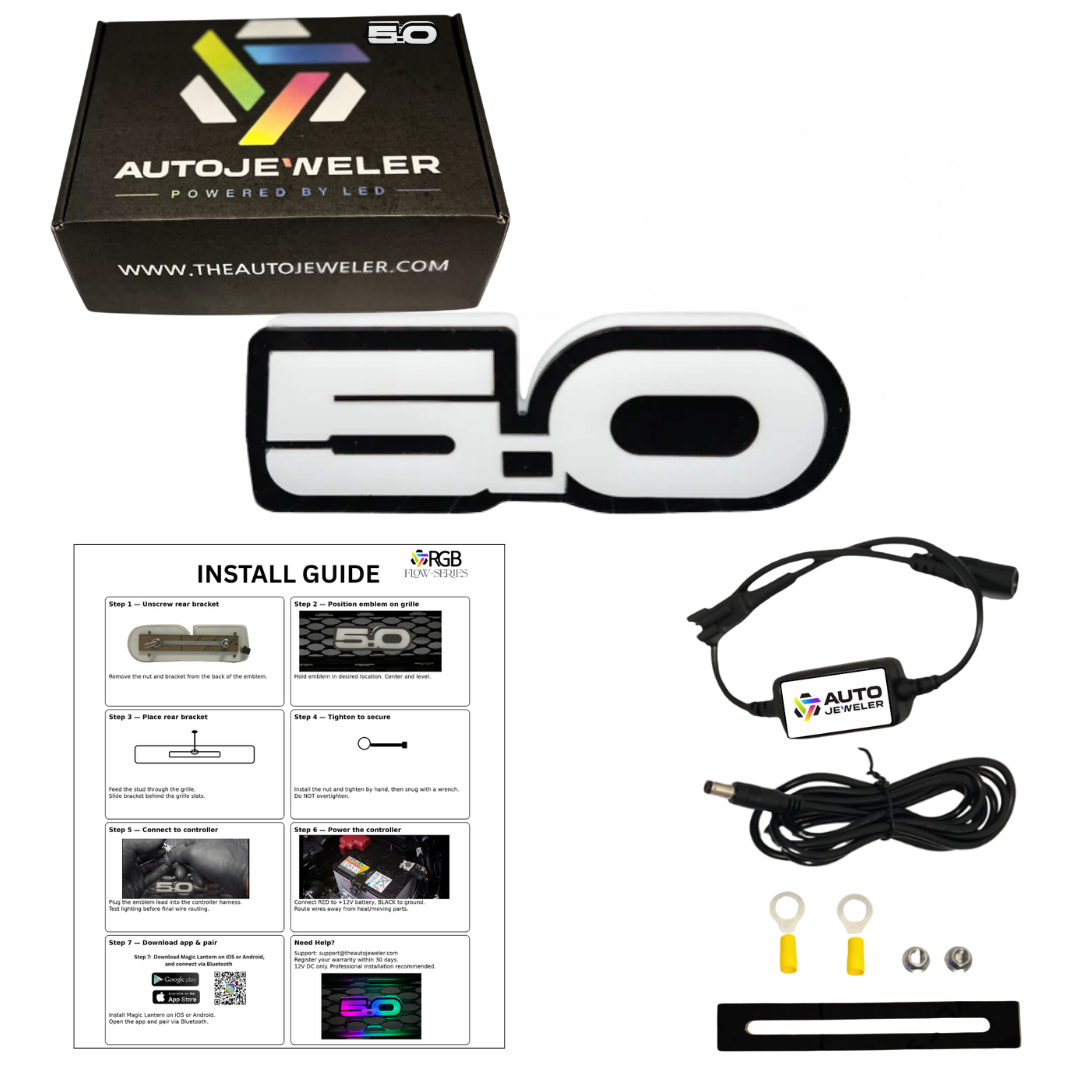 Ford Mustang 5.0 RGB Flow Series LED emblem complete kit with packaging, controller, wiring, and install guide.