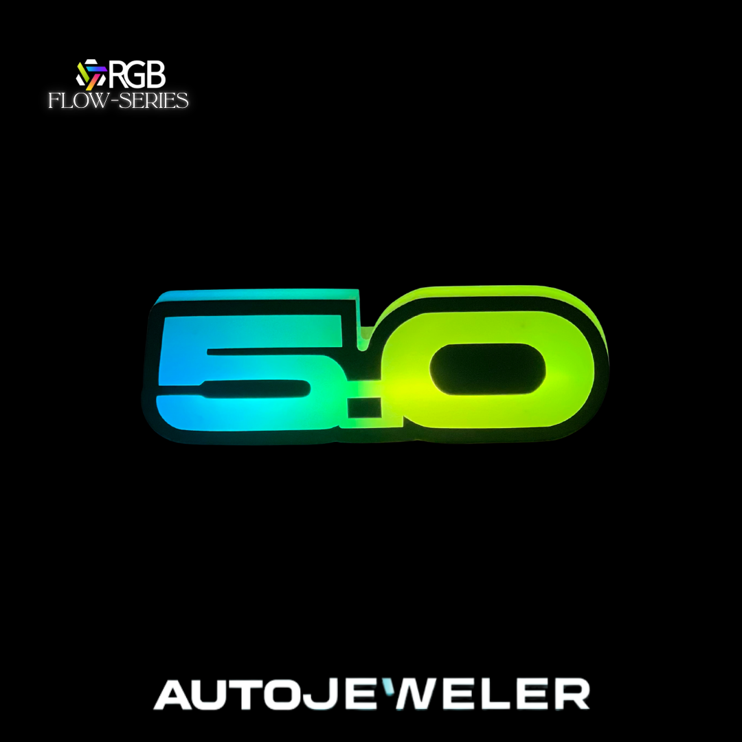 Ford Mustang 5.0 RGB Flow Series LED grille emblem glowing green and blue – AutoJeweler