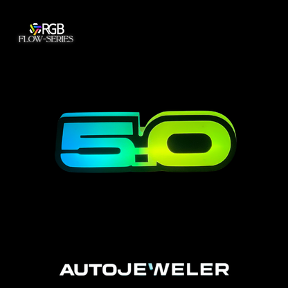 Ford Mustang 5.0 RGB Flow Series LED grille emblem glowing green and blue – AutoJeweler