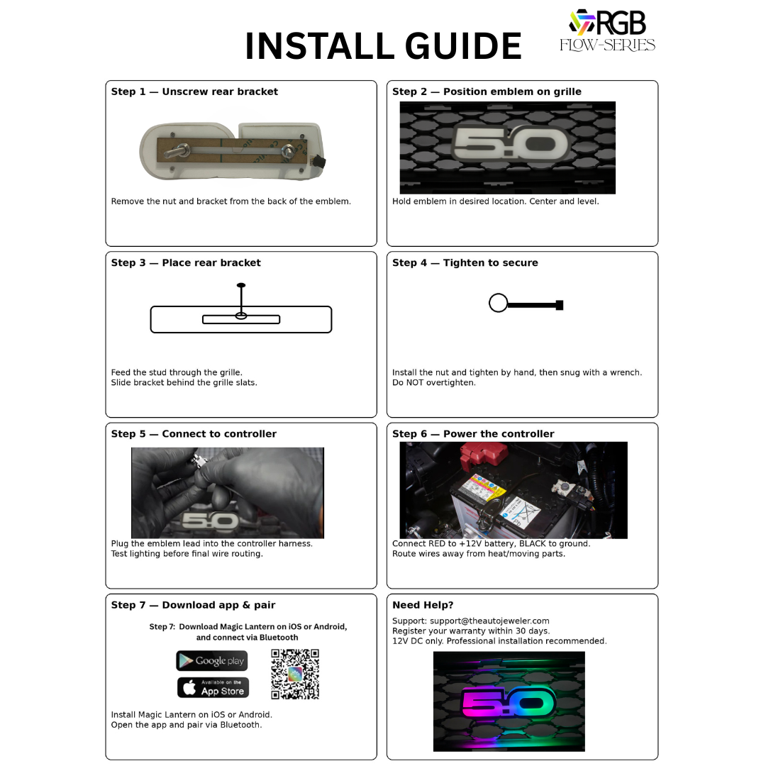 Ford Mustang 5.0 RGB Flow Series LED emblem install guide with step-by-step instructions.