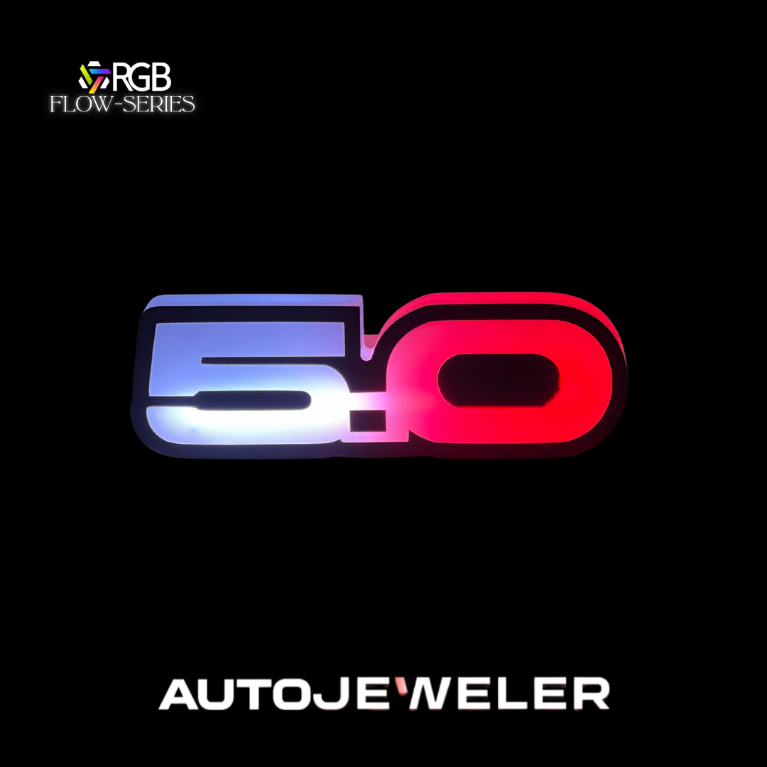 Ford Mustang 5.0 RGB Flow Series LED grille emblem glowing red and blue – AutoJeweler