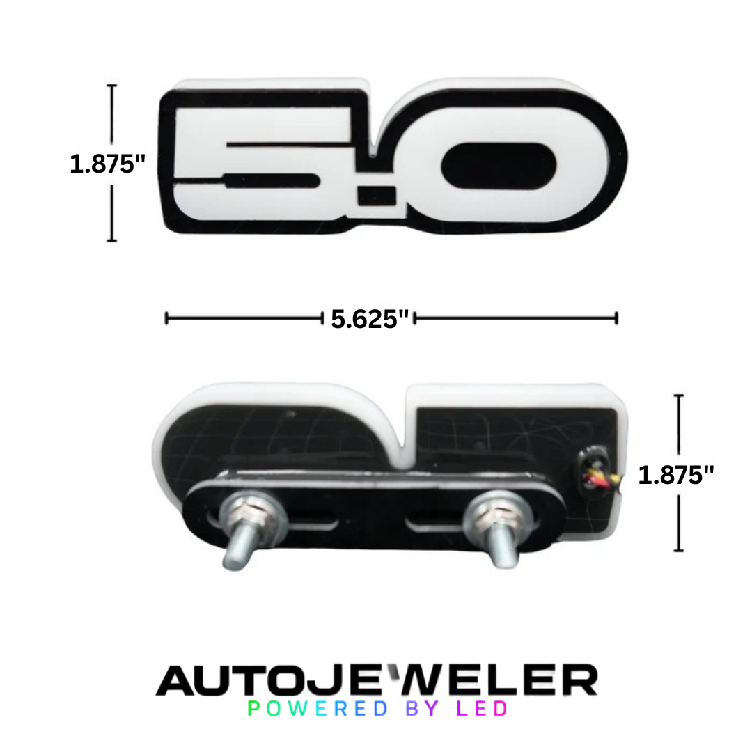 Ford Mustang 5.0 RGB Flow Series LED emblem size chart – 5.625 inches wide by 1.875 inches tall.