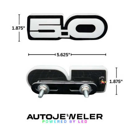 Ford Mustang 5.0 RGB Flow Series LED emblem size chart – 5.625 inches wide by 1.875 inches tall.