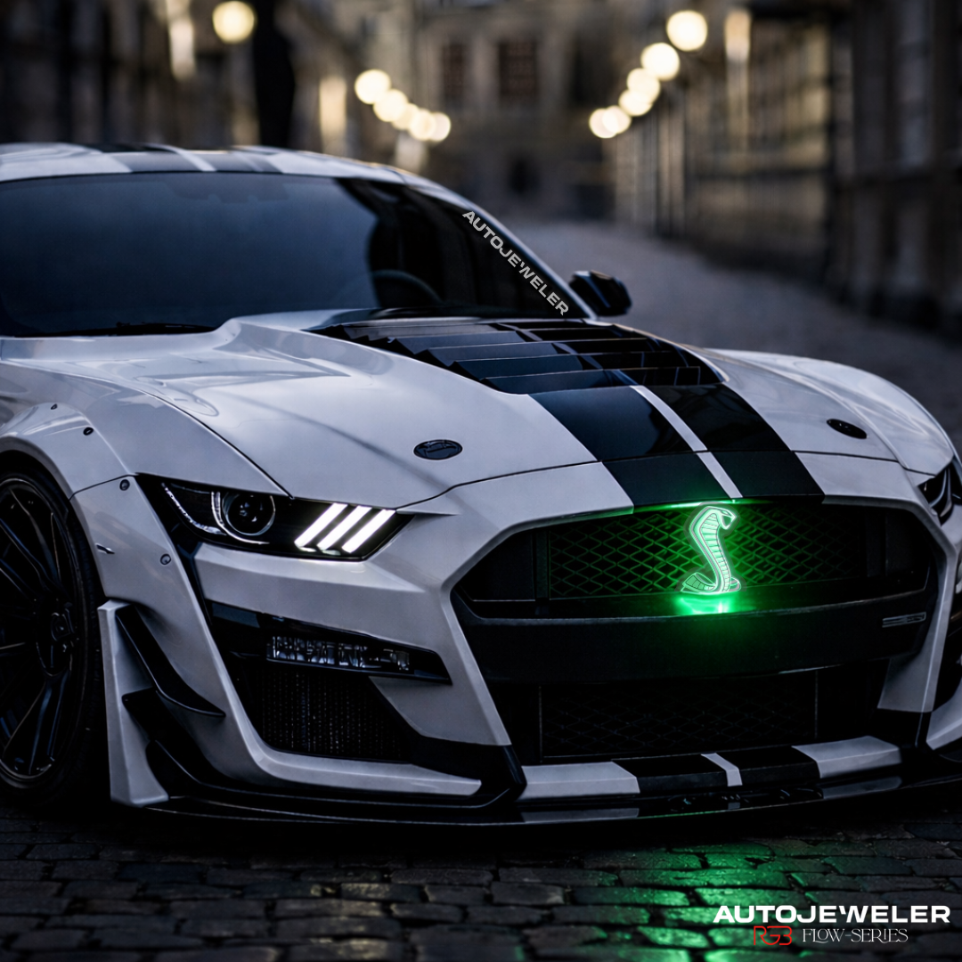 Ford Mustang Cobra LED light-up grille emblem installed with green LED illumination