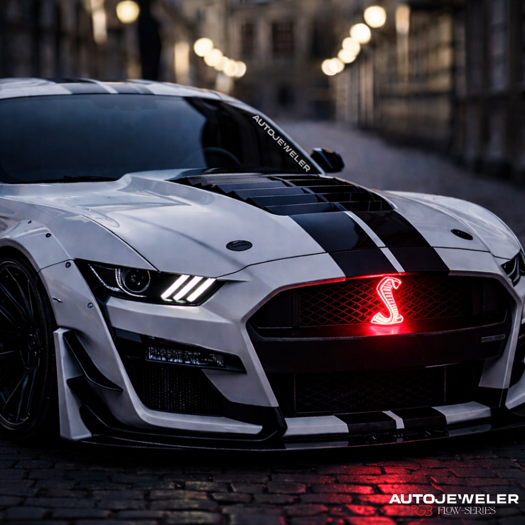 Ford Mustang Cobra LED light-up grille emblem installed with red LED illumination