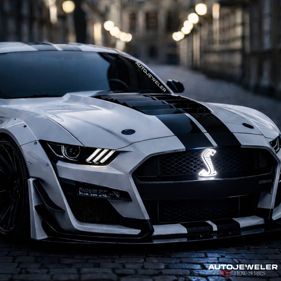 Ford Mustang Cobra LED light-up grille emblem installed with white LED illumination