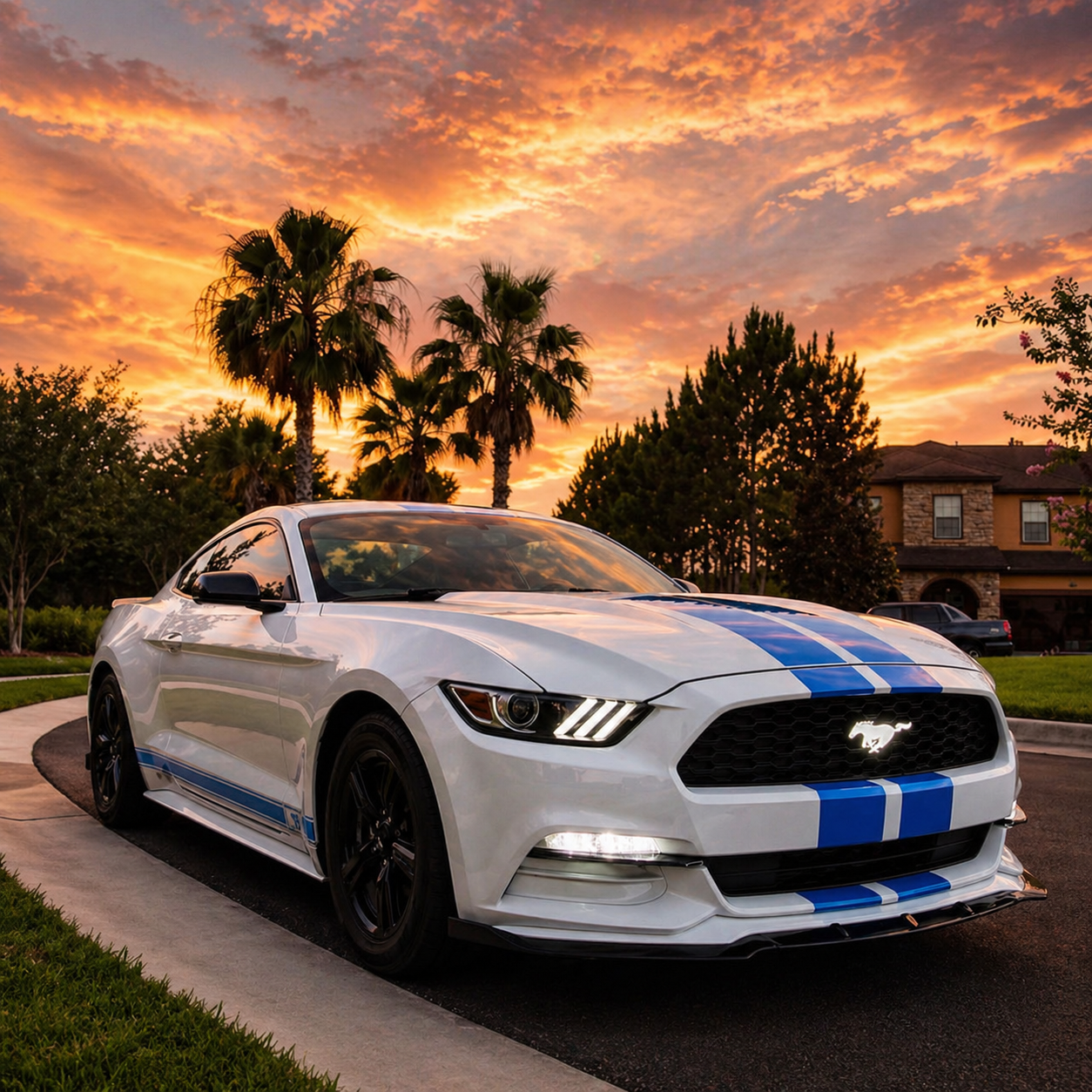 White LED illuminated Ford Mustang pony grille emblem installed on S550 Mustang at sunset with palm trees
