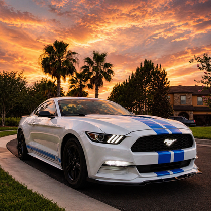 White LED illuminated Ford Mustang pony grille emblem installed on S550 Mustang at sunset with palm trees