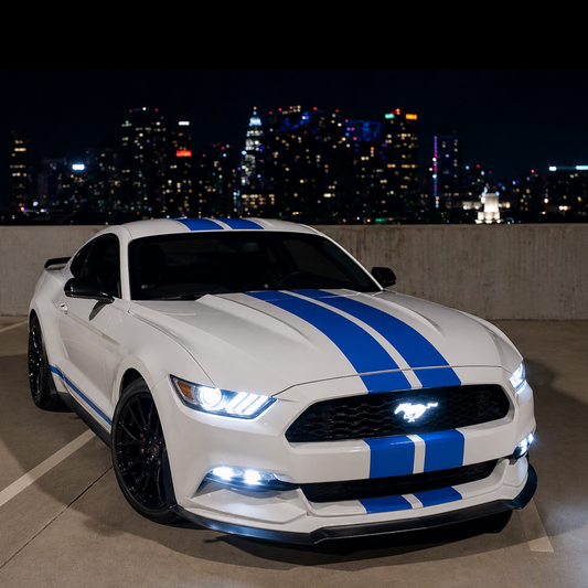 White LED illuminated Ford Mustang pony grille emblem installed on 2015–2023 Mustang at night with city skyline