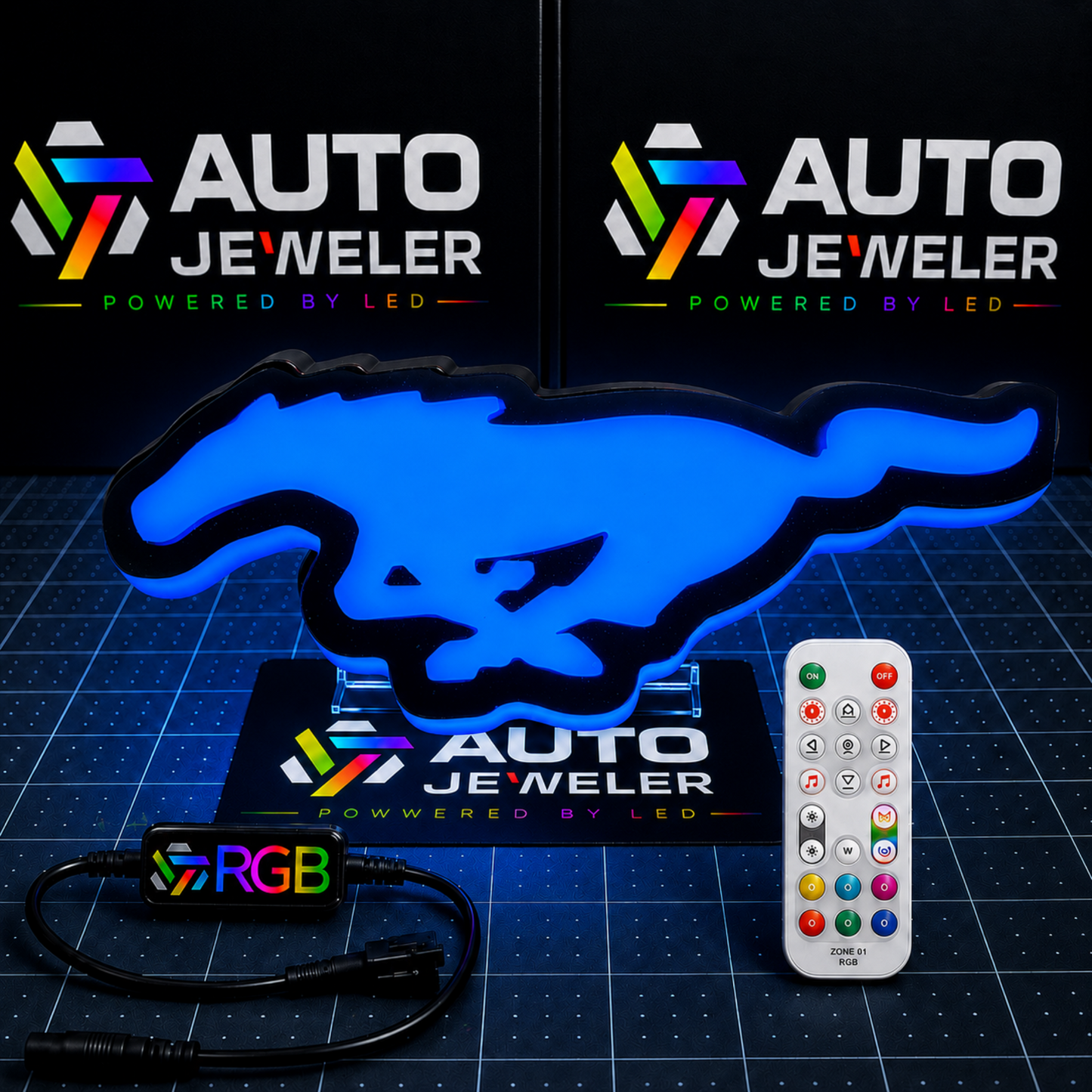 Ford Mustang Pony RGB LED grille emblem illuminated blue with RGB controller, wiring harness, and handheld remote.
