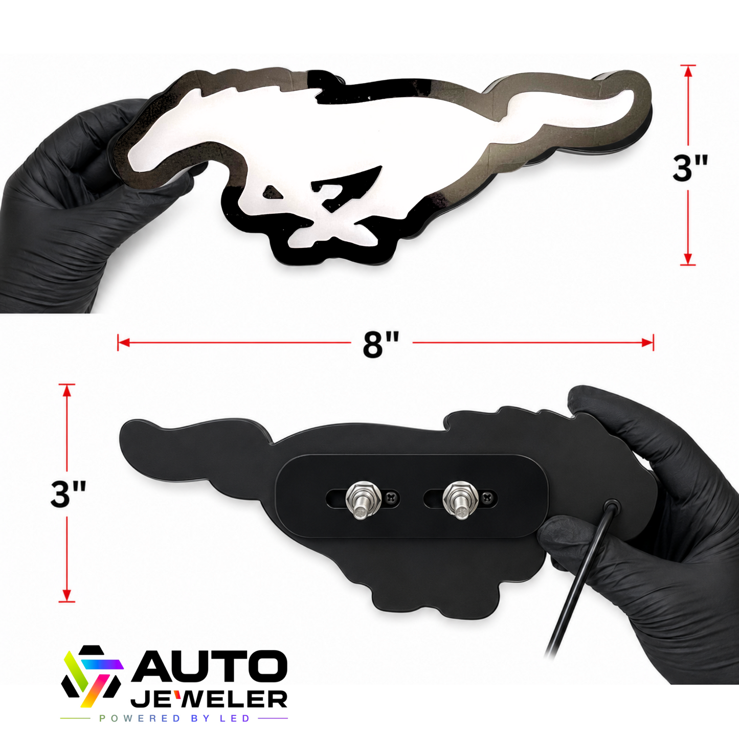 Ford Mustang Pony RGB LED grille emblem dimensions showing 8-inch width, 3-inch height, front face, rear mounting studs, and wiring.

