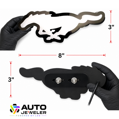 Ford Mustang Pony RGB LED grille emblem dimensions showing 8-inch width, 3-inch height, front face, rear mounting studs, and wiring.
