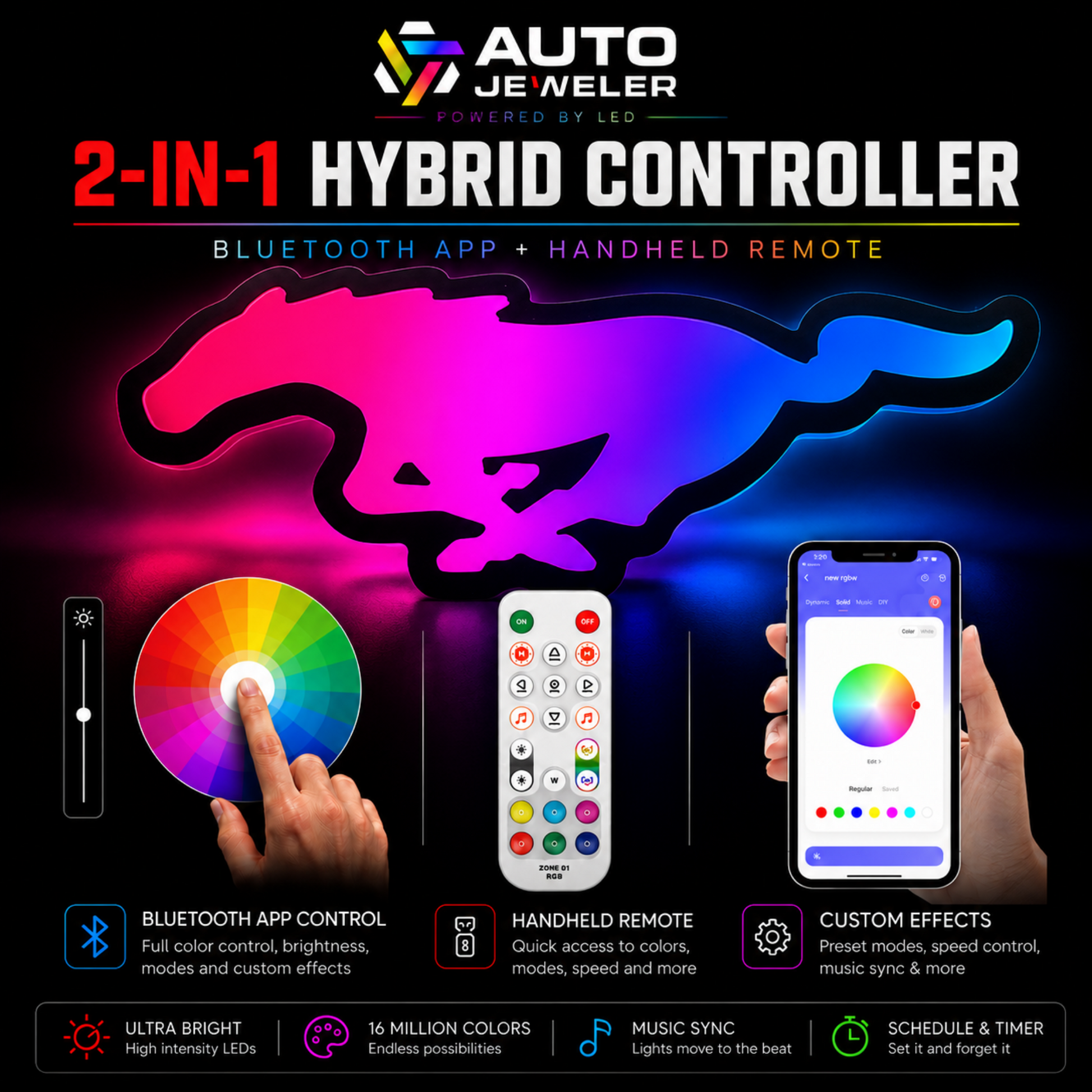 Ford Mustang Pony RGB LED grille emblem 2-in-1 hybrid controller features with Bluetooth app control, handheld remote, custom effects, music sync, and timer.