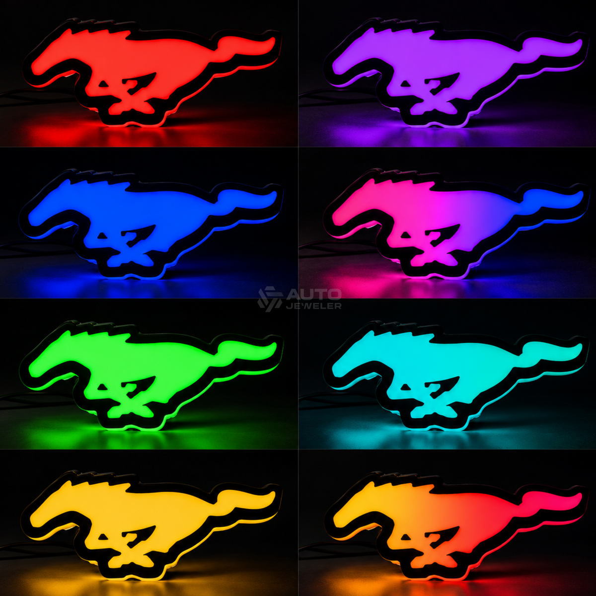 Ford Mustang Pony RGB LED grille emblem multicolor lighting examples showing solid colors and gradient effects.
