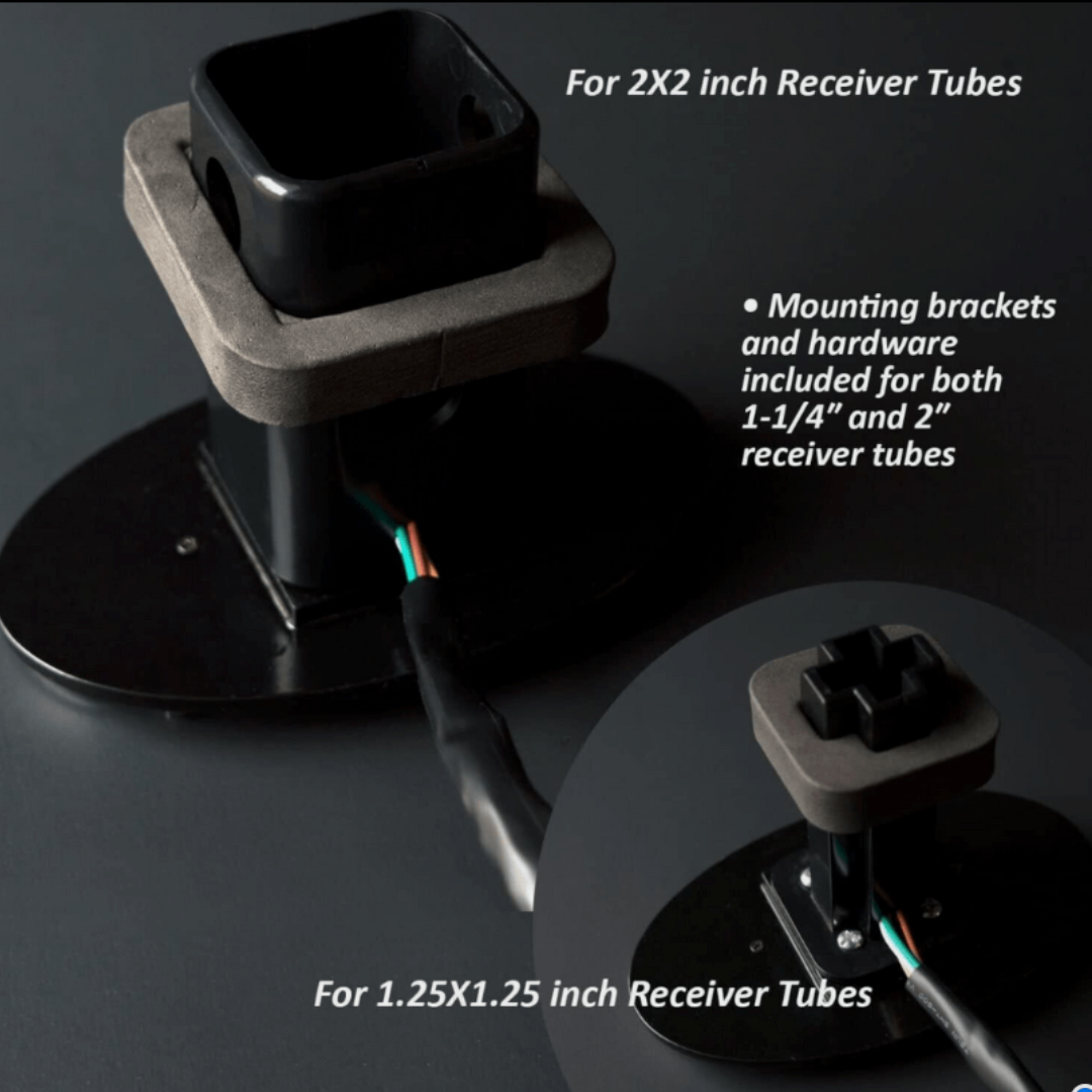 GMC LED hitch cover mounting brackets showing fitment for 1.25 inch and 2 inch receiver tubes with included hardware