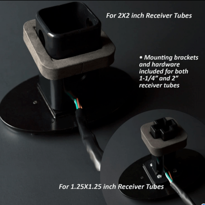 GMC LED hitch cover mounting brackets showing fitment for 1.25 inch and 2 inch receiver tubes with included hardware