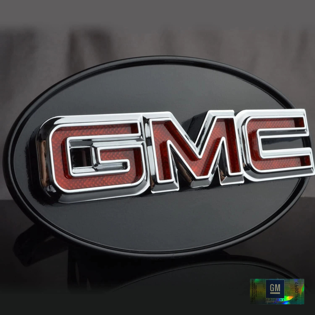 Chrome GMC LED hitch receiver cover front view with red lens and officially licensed badge