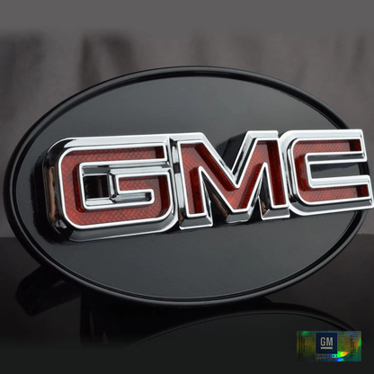 Chrome GMC LED hitch receiver cover front view with red lens and officially licensed badge