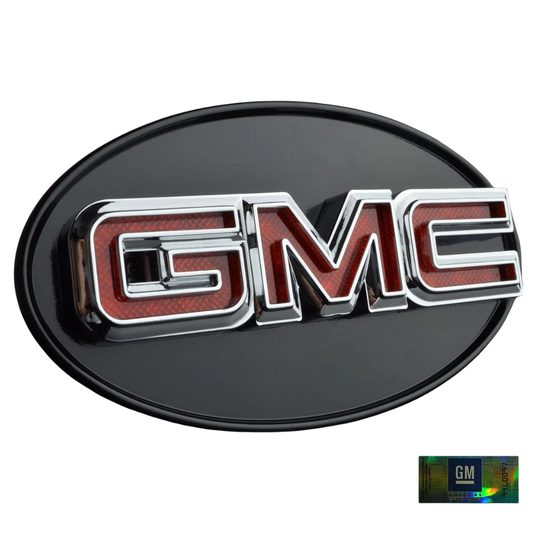 Front view chrome GMC LED hitch receiver cover with red illuminated lettering officially licensed product