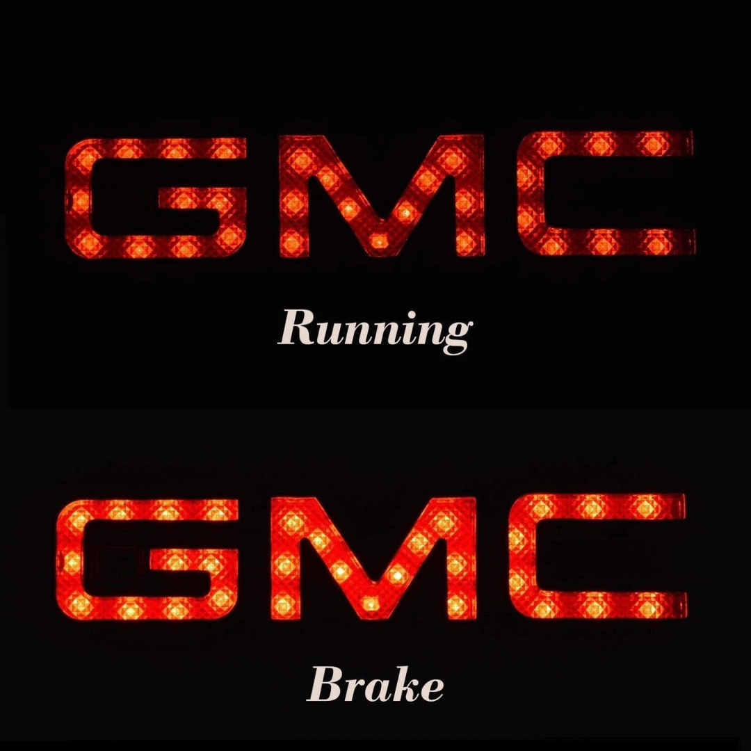 GMC LED hitch cover showing dual-intensity red LEDs running light vs brake light brightness comparison