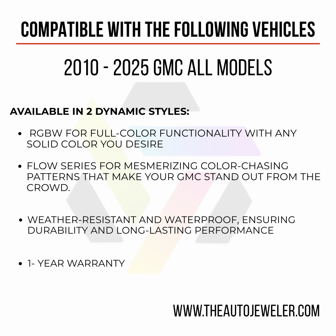 Compatibility chart showing AutoJeweler RGBW GMC LED grille emblem fits 2010 to 2025 GMC models