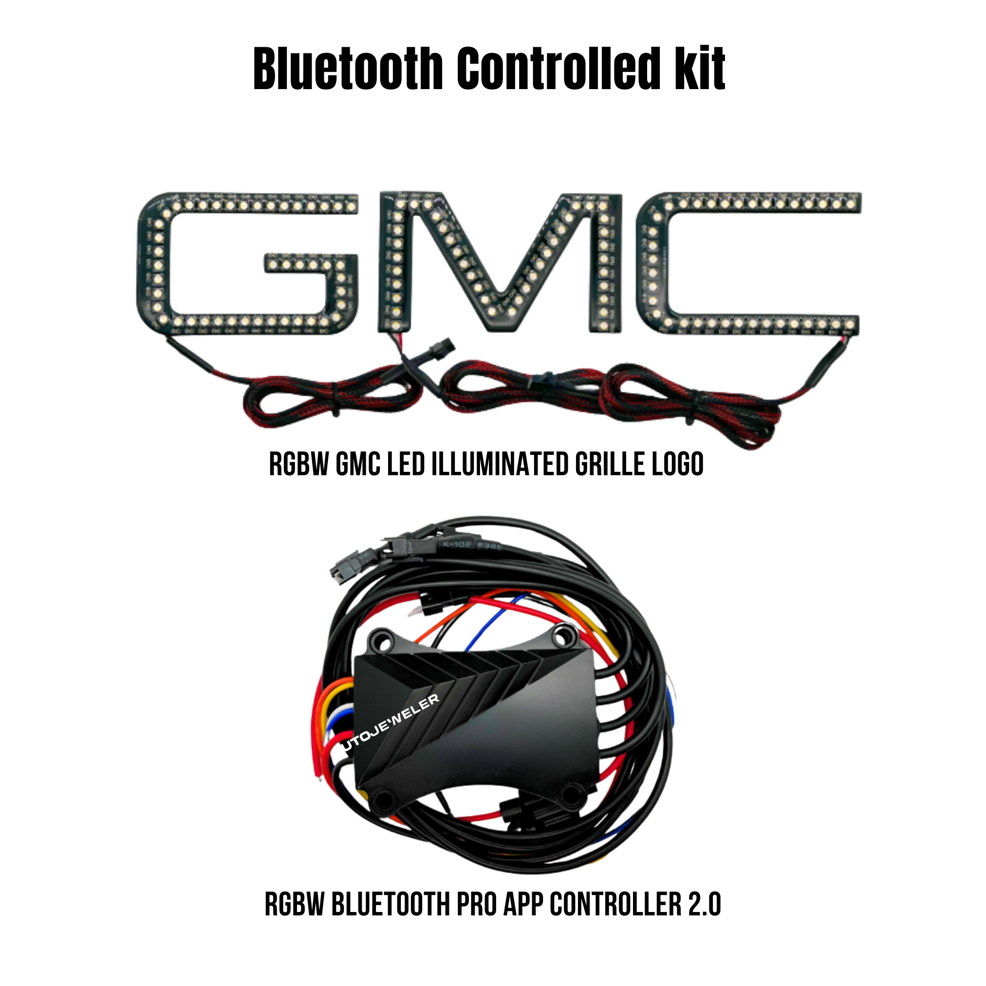 AutoJeweler RGBW GMC LED illuminated grille logo Bluetooth controlled kit with RGBW Bluetooth Pro App Controller 2.0.