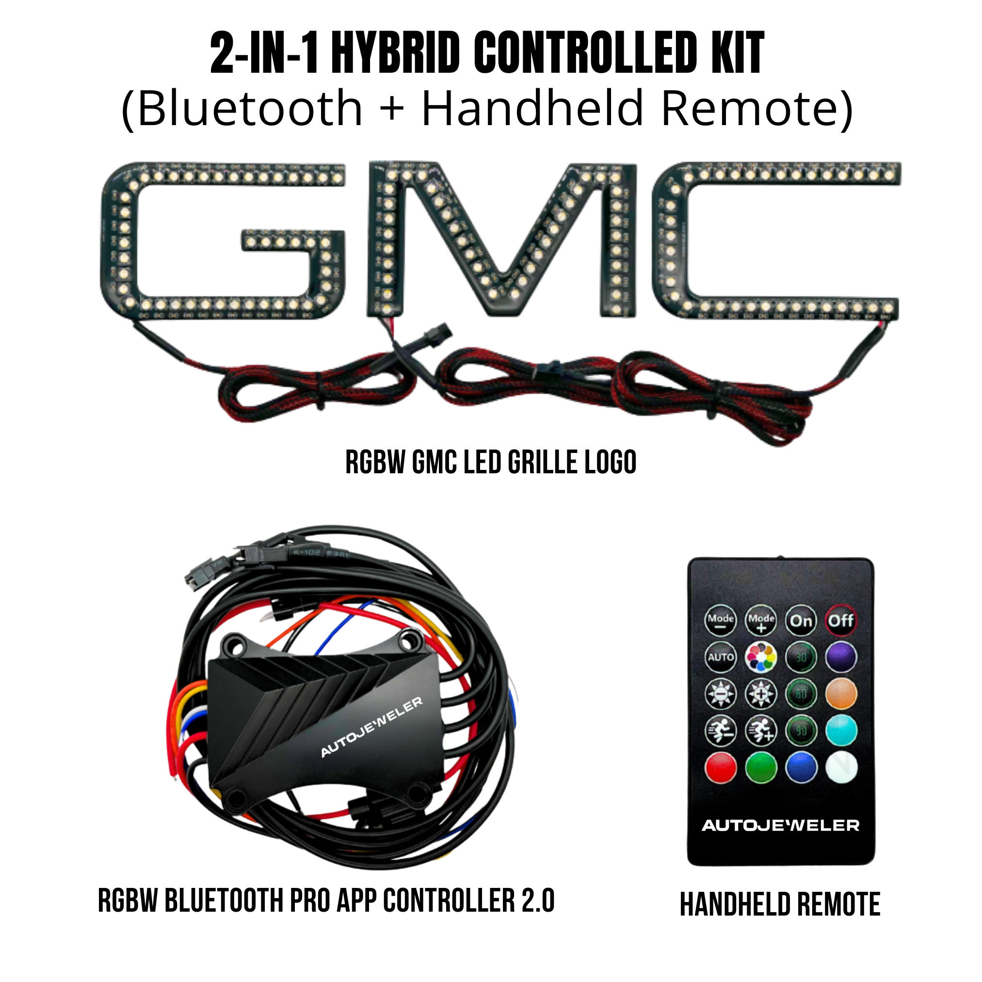RGBW GMC LED grille logo 2-in-1 Hybrid controlled kit with Bluetooth controller and handheld remote.