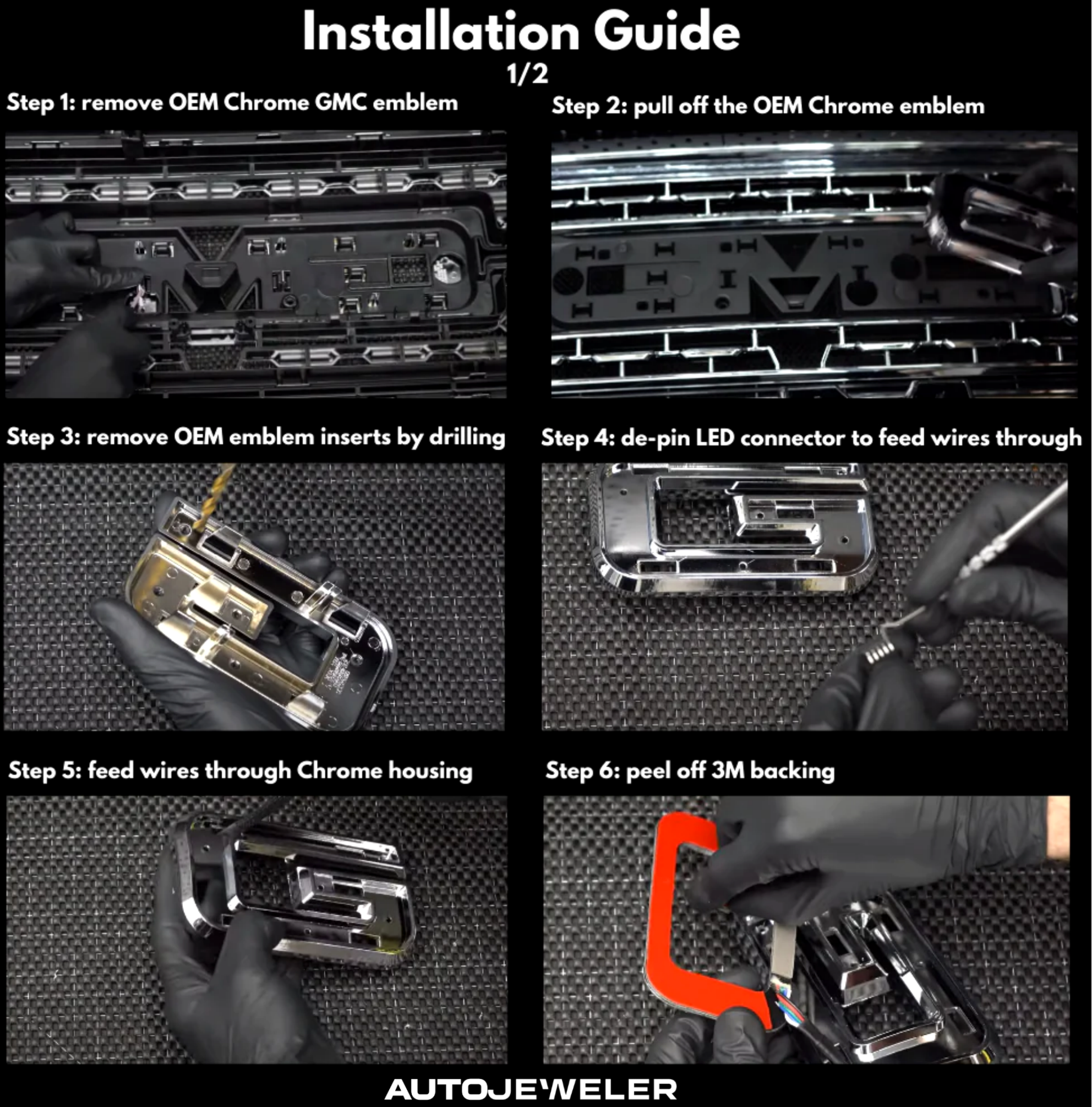 GMC RGBW LED illuminated grille logo installation guide showing OEM emblem removal and LED letter setup steps.