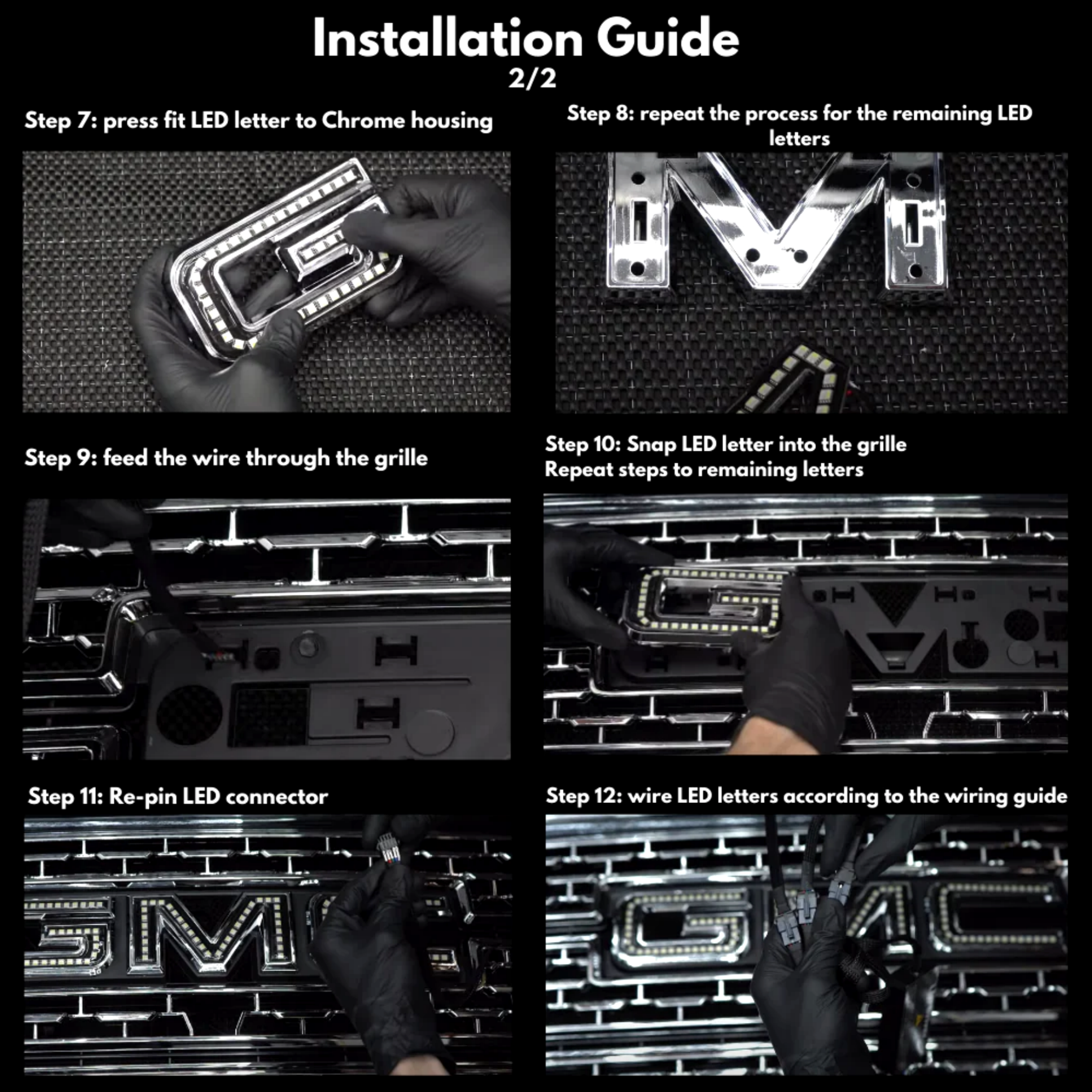 GMC RGBW LED illuminated grille logo installation guide showing LED letter install, wiring, and connector setup steps.