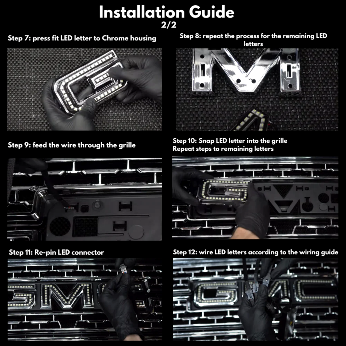 GMC RGBW LED illuminated grille logo installation guide showing LED letter install, wiring, and connector setup steps.