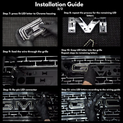 GMC RGBW LED illuminated grille logo installation guide showing LED letter install, wiring, and connector setup steps.