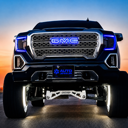 GMC Sierra with blue RGBW LED illuminated grille emblem installed on the front grille.