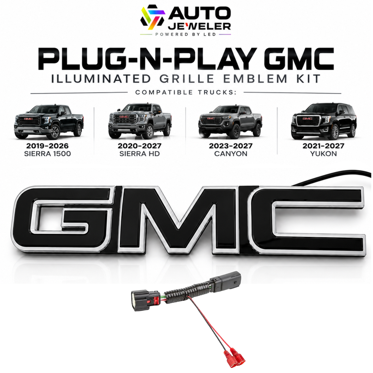 Plug-and-play illuminated GMC grille emblem kit for 2019–2026 Sierra 1500, 2020–2027 Sierra HD, 2023–2027 Canyon, and 2021–2027 Yukon.