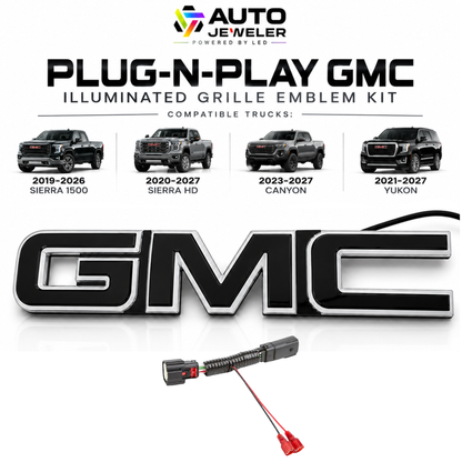 Plug-and-play illuminated GMC grille emblem kit for 2019–2026 Sierra 1500, 2020–2027 Sierra HD, 2023–2027 Canyon, and 2021–2027 Yukon.