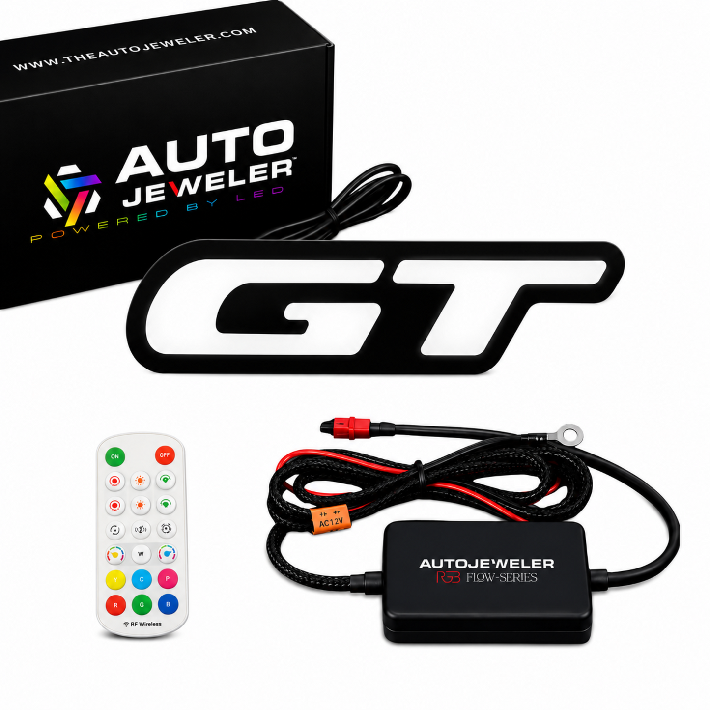 AutoJeweler Ford Mustang GT LED emblem kit with remote control and wiring harness on a white background.