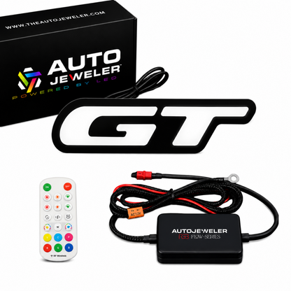 AutoJeweler Ford Mustang GT LED emblem kit with remote control and wiring harness on a white background.